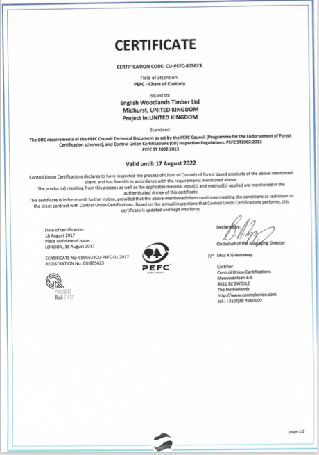 English Woodlands Timber Ltd PEFC chain of custody certificate CU-COC-805623