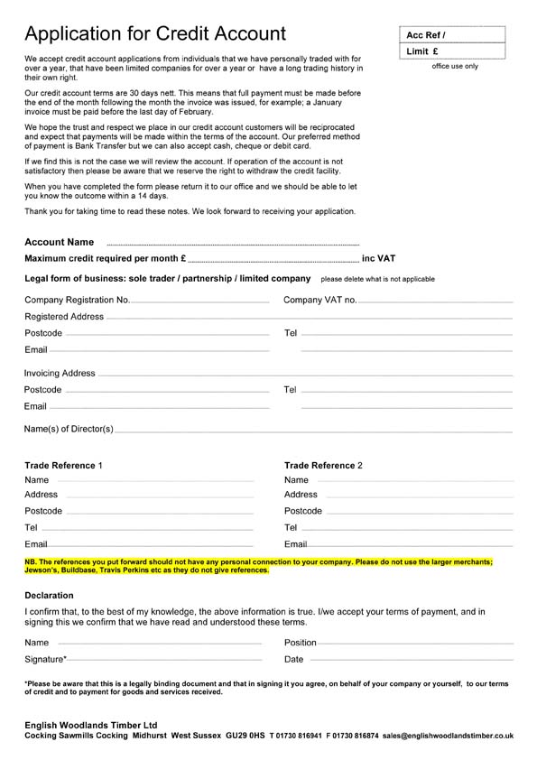 credit application for credit account at the woodyard
