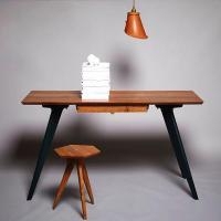 Ted Jefferis of TedWood desk and stool with leather pendant light hanging overhead